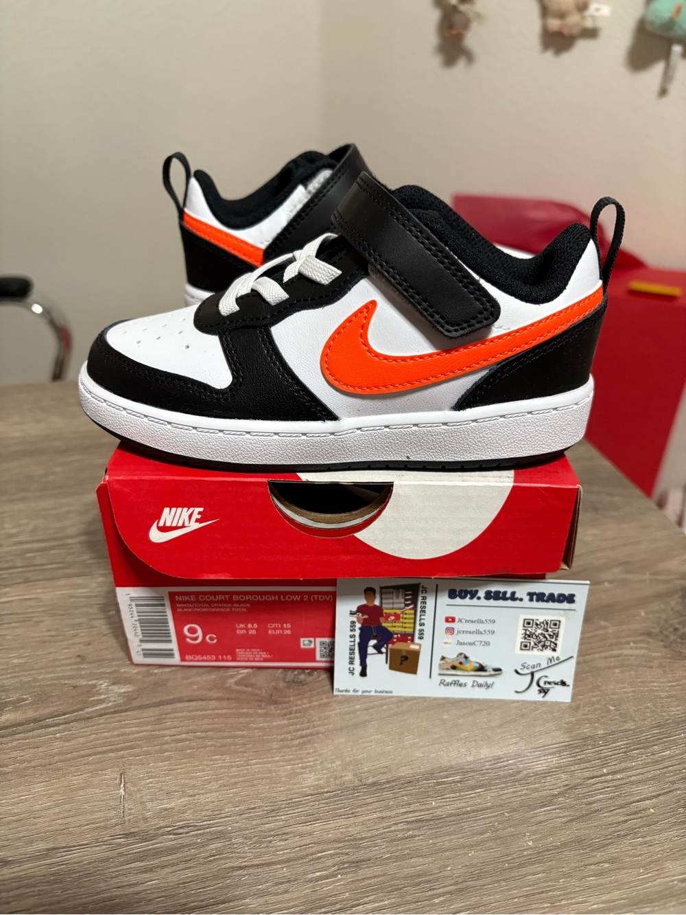 Size 9C (TD) - Nike Court Borough Low 2 White/Black/Orange Halloween